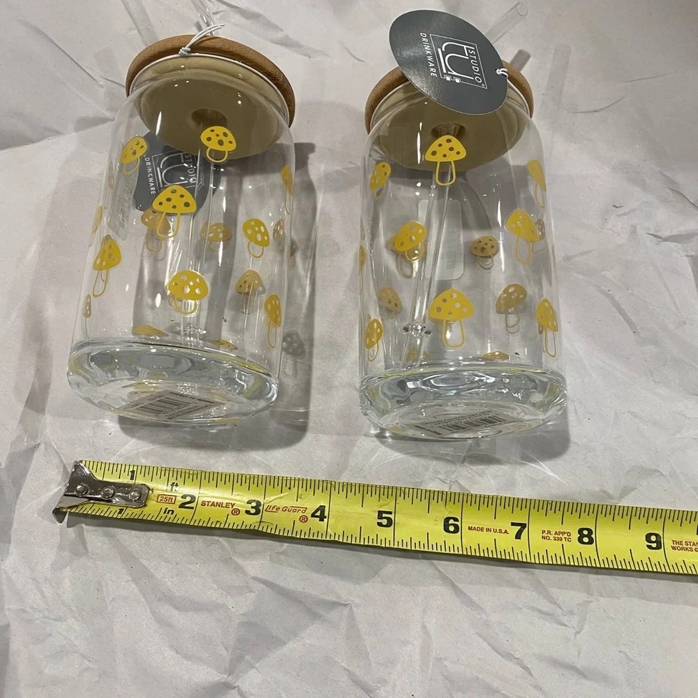 Set of mushroom reusable  glasses with glass straws! 15.2 oz each, wooden lid…